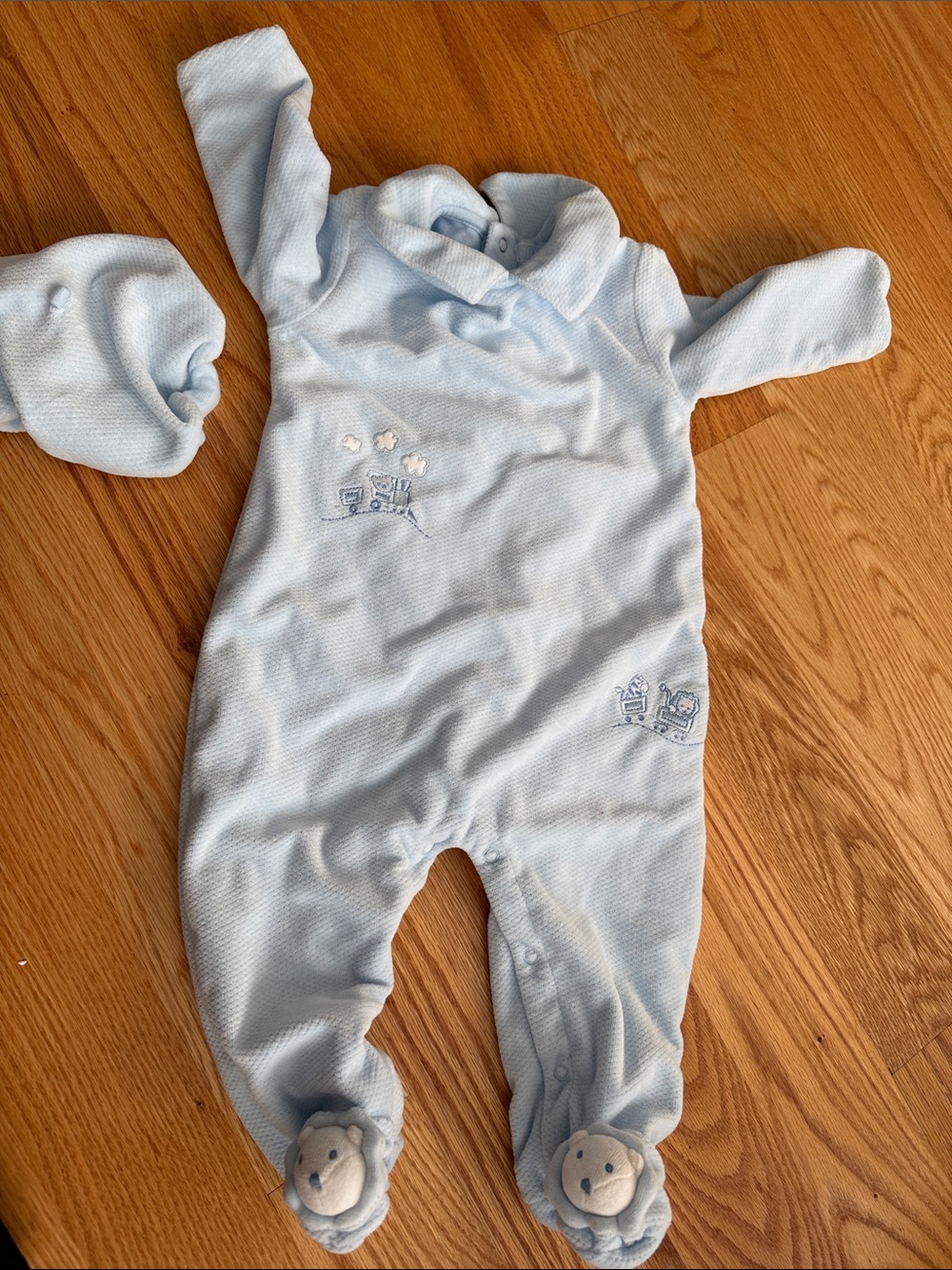 Cozy Light Blue Footed Baby One-Piece with Embroidered Details